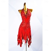 cheap Competition Dress-Women's Red Rhinestone Latin Dance Dress Halter Deep V Ballroom Competition Dress