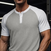 Недорогие Повседневная футболка Хенли-Муж. Футболка с вафельным рисунком Футболка С короткими рукавами Сплошной цвет Мода Оригинальный рисунок На каждый день Цветовые блоки Рукав «реглан» Хенли Повседневные на открытом воздухе