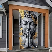 olcso Garázs- és ajtózászlók-zen buddhizmus imádkozó buddha szobor aranyfüst művészet ajtóbanner meditáló buddha fej szürke kő textúra ajtótakaró jóga stúdió meditációs szoba lakberendezés