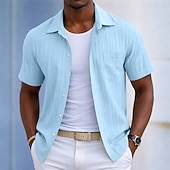 voordelige Men's Button Up Shirts-Men's Shirt Casual Shirt Beach Shirt Button Up Shirt Jacquard Shirt Black White Light Green Wine Blue Short Sleeve Solid Color Plain Lines / Waves Lapel Casual Streetwear Pocket Clothing Apparel