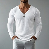 cheap Cotton Linen T-shirts-Men's Tee Top Linen T-Shirt Long Sleeve V Neck Spring &amp; Summer Summer Spring Solid Color Daily Casual Street Style Plain Casual Outdoor Street Blue Lake blue Black Top Tee for Men
