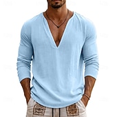 voordelige Katoenen Linnen T-shirts-Voor heren T-shirt Lange mouw V-hals Lente zomer Zomer Lente Effen Modieus Ontwerper Basic Zacht Casual Vakantie Straat Licht Blauw Top T-shirt voor mannen