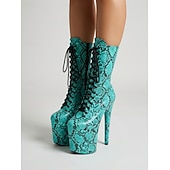 preiswerte Plattformstiefel-Damen-Plateau-Kniestiefel mit Schlangenmuster in Türkis – 20 cm hoher Absatz, Schnürung, ideal für Pole Dance &amp;Nachtclub-Partystiefel
