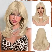baratos Perucas Sintéticas sem Touca-Peruca longa, lisa e em camadas, rosa, com franja, 40 cm (16 polegadas), com raízes escuras, aparência natural, cabelo sintético macio e resistente ao calor, comprimento médio, ideal para uso diário e