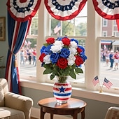 cheap Artificial Flower-24 Artificial Roses For July 4th Decoration, Red, White, And Blue Patriotic Floral Arrangement, Realistic Velvet Silk Roses, Sold In Bulk For Memorial Day Centerpieces And Home Decor