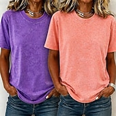  Confezioni multiple 2 pezzi Per donna Girocollo Manica Corta Viola + Blu Maglietta Set di magliette Camicia 100% cotone lavaggio acido Lavato Casuale Spiaggia Cotone
