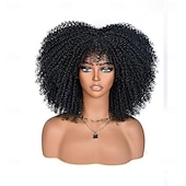 ieftine Peruci Sintetice Trendy-Perucă afro creță maro ombre cu breton, perucă afro sintetică scurtă de 14 inch, peruci afro negre crețe pentru femei, peruci pentru uz zilnic și la petreceri