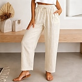 preiswerte Gerade geschnittene Hose-Damen Hose Sommerhose Strandhose Urlaub Mode Alltagstauglich Volle Länge Hohe Taille Einfarbig Einfach Kordelzug Tasche Weites Bein Komfort Weich Atmungsaktiv Unelastisch Streetwear Strand Ferien