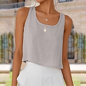 preiswerte Einfacher Tank-Damen Weste aus Baumwollleinen Tank Top Knöpfe Vintage Stilvoll Lässig Ärmellos Träger U-Ausschnitt Normale Oberteile Täglich Ausgehen Urlaubskleidung Salbeigrün Weiß Hellgrau Aprikose Sommer Frühling