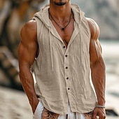 preiswerte Urlaub-Herren Hemd Leinenhemd Sommerhemd Strandbekleidung Knopfhemd Kapuzenhemd Einfarbig Urlaub Straße Blau Schwarz Weiß Gelb Ärmellos Mit Kapuze Sommer Frühling Bekleidung