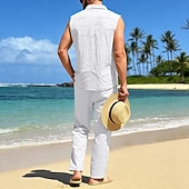 cheap Cotton Linen Shirt-Male Linen Shirt 2 Piece Shirt Set And Linen Pants Trousers Casual Pants Set Plain Daily Outdoor Vacation Turndown Sleeveless Summer Fashion Casual Comfortable Clothing Apparel