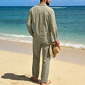 abordables Chemises lin et coton-Homme Chemise en lin Deux pièces Ensemble Chemise Et Pantalons en Lin Pantalons Pantalon décontracté Set Uni Quotidien Extérieur Plage Col Rabattu manche longue Été Printemps Mode Occasionnel