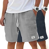 cheap Classic-Men's Cotton Linen Shorts Summer Shorts Beach Shorts Casual Shorts Drawstring Pocket Elastic Waist Plain Comfort Breathable Knee Length Beach Vacation Holiday Hawaiian Casual Black+Khaki White+Navy