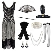 tanie stroje-Zabytkowe Ryczące 20s 1920 roku Do kolan Sukienka w stylu lat 20-tych Rękawiczki Nakrycie głowy Bez rękawów Wielki Gatsby Czarleston Cekiny Frędzel Strój na bal maskowy Damskie Halloween Karnawał