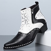 economico Stivali da vestiti-Stivaletti da uomo in stile western bianchi e neri con cerniera laterale, stivali da cowboy a punta per uomini eleganti, ideali per festival musicali, feste, spettacoli teatrali e outfit alla moda.
