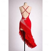 economico abito da competizione-Abito da ballo latino da donna rosso con strass, scollo a V profondo e frange, abito da competizione per balli da sala