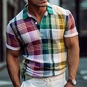 cheap Men's Geometric Polo-Men's Plaid Polo Shirts Golf Shirt Short Sleeve Polo Shirts Collared Shirts Casual Vacation Wear Formal Wear Festival Wear Buttons 3D Print Yellow Red Green