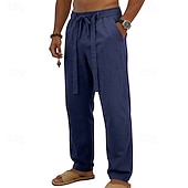 cheap Holiday-Men's Linen Pants Trousers Summer Pants Baggy Pants Drawstring Elastic Waist Straight Leg Plain Comfort Breathable Full Length Daily Outdoor Holiday Fashion Classic Style Blue White Micro-elastic
