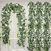 baratos Plantas e Folhagens Artificiais-Conjunto de 2/4 guirlandas de eucalipto, com comprimento total de 141,73 polegadas (360 cm), adornadas com flores brancas, folhas prateadas e folhagens realistas, ideais para decoração de casamentos e