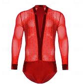 cheap Tops &amp; Sets-Men's Red Rhinestone Latin Dance Bodysuit Deep V Mesh Long Sleeve Ballroom Performance Costume