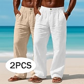 abordables Vacances-Homme Pantalons en Lin Pantalons Pantalon d'été Pantalons Amples Pantalons de Plage Avec Poches Uni Confort Respirant Longueur complète Occasionnel Quotidien Extérieur Vacances Mode Blanc + kaki