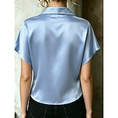 ieftine tricou simplu-Pentru femei Cămașă din satin Bluză Nasturi Culoare solidă Stilat Casual Manșon scurt Guler Cămașă Crop Tops Casual Zilnic În aer liber Albastru piscină Negru Alb Caisă Vară Primăvară