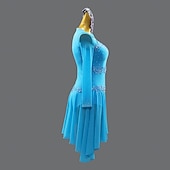 voordelige wedstrijd jurk-Sky Blue Latin Dance Dress - Long Sleeve Mesh Performance Costume with Rhinestones &amp; Lace Applique