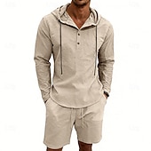 billige Linskjorte i bomull-Herre Linskjorte 2 deler Popover skjorte Og Shorts Lin Shorts Strandshorts Sett عادي Daglig utendørs Feriereise Med hette Langermet Sommer Mote Fritid Bekvem Klær