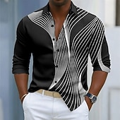 ieftine Model Geometric-Bărbați Geometric Valuri Artă abstractă Cămașă Camașă cu nasturi Cămașă elegantă casual Manșon Lung Moda Casual În aer liber Zilnice Primăvară Toamnă Răsfrânt Imprimare 3D cămăși cu guler Negru