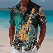 economico Musica e Chitarre-Per uomo Chitarra Strumento musicale Note Musicali Camicia Camicia Estiva Camicia con Bottoni Manica Corta Vintage Retrò All'aperto Festival Musicale Vacanza al Mare Estate Primavera Collo ripiegato