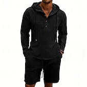 billige Linskjorte i bomull-Herre Linskjorte 2 deler Popover skjorte Og Shorts Lin Shorts Strandshorts Sett عادي Daglig utendørs Feriereise Med hette Langermet Sommer Mote Fritid Bekvem Klær