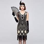 cheap Outfits-Vintage Roaring 20s 1920s Knee Length Dress Flapper Dress Gloves Sleeveless The Great Gatsby Charleston Sequins Tassel Fringe Fancy Dress Women's Halloween Carnival Cocktail Party Adults' 1 Fan Dress