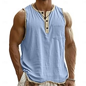 tanie Tank topy sportowe-Męskie Koszula lniana Bezrękawnik Kamizelka Top Podkoszulki Bez rękawów Henley Lato Wiosna Równina Moda Designerskie Podstawowy Kieszeń Guziki Codzienny Urlop Ulica Czarny Rumiany róż Granatowy Top