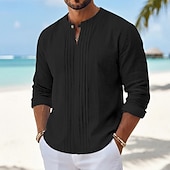 preiswerte Urlaub-Herren Hemd Leinenhemd Sommerhemd Strandhemd Einfarbig Lässig Urlaub Blau Schwarz Weiß Khaki Langarm Mandarinkragen Sommer Bekleidung Gerafft
