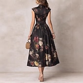 economico Abiti eleganti floreali-Per donna Abito Midi Abito in Raso Elegante Quotidiano Vacanza Weekend Vestibilità regolare Floreale Senza Maniche Colletto a Camicia Nero Estate