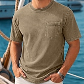 ieftine tricouri de bază-Bărbați Tricou Camasa de blugi Tricou din bumbac Cămașă spălată Mânecă scurtă Crewneck Vară Simplu Pit Strip Epocă Modă Designer Buzunar Stil Vintage Decolorat Casual Vacanță Stradă Albastru Deschis