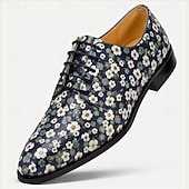 economico Scarpe Eleganti Elementari-Scarpe eleganti stringate da uomo in vera pelle blu navy con stampa a margherite, modello Oxford vintage floreale, perfette per matrimoni, balli di fine anno, cene e eventi formali.