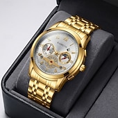abordables Montres à quartz-Montre homme à cadran bleu, montre-bracelet de luxe à phases de lune, montre analogique bicolore en acier inoxydable avec volant squelette &amp;Coffret cadeau, cadeau élégant et étanche pour homme, argent