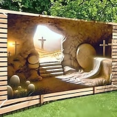 tanie Gobeliny ścienne-Wielkanocne zmartwychwstanie, pusty grób Jezusa, zmartwychwstał, trzy krzyże, kamień odsunięty, Golgota, święte światło, brama garażowa, baner, gobelin, tło zewnętrzne do kościoła, wystrój domu i