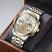 abordables Montres à quartz-Montre homme à cadran bleu, montre-bracelet de luxe à phases de lune, montre analogique bicolore en acier inoxydable avec volant squelette &amp;Coffret cadeau, cadeau élégant et étanche pour homme, argent