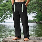 baratos Retrô-Homens Calças de linho Calça verão Calças de praia Com Cordão Patchwork Perna reta Tecido Conforto Respirável Comprimento total Casual Diário Feriado Férias Moda Preto Branco Sem Elasticidade