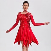 billige Øvingskjoler-Dame rød paljett latin dansekjole med kalde skuldre og lange ermer ballroom konkurransekjole