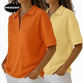  Набор из 2 женских футболок-поло с вафельной текстурой, вафельные трикотажные топы, простые, модные, классические, с коротким рукавом, с воротником, обычные, повседневные, пляжные, желто-оранжевые.