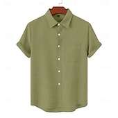 baratos Clássico-Homens Camisa Social Camisa de linho camisa de verão Roupa de Praia camisa de botão Tecido Casual Diário Azul Preto Branco Rosa Manga Curta Colarinho Primavera Verão Verão Roupa Bolsos