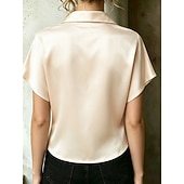 ieftine tricou simplu-Pentru femei Cămașă din satin Bluză Nasturi Culoare solidă Stilat Casual Manșon scurt Guler Cămașă Crop Tops Casual Zilnic În aer liber Albastru piscină Negru Alb Caisă Vară Primăvară