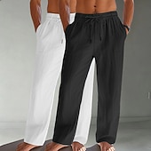 baratos Clássico-Homens Calças de linho Calças Calça verão Calças largas Calças de praia Com Cordão Bolsos Cintura elástica Tecido Conforto Respirável Comprimento total Diário Praia Férias Férias Havaiana Branco
