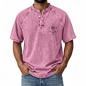 abordables Винтаж и ретро-SoftFade™ Men's Demin Shirt 100% Cotton Acid Wash Shirt Henley Top Short Sleeve Vintage Distressed Casual Home Street Summer Spring Black Pink Light Green Gray Light Blue Stand Collar Henley