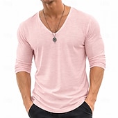  メンズ リネン Tシャツ 長袖 Vネック 夏 春 &夏用無地プレーンデイリーカジュアルストリートスタイルプレーンアウトドアストリートカジュアルライトブルーレイクブルーブラックトップTシャツメンズ
