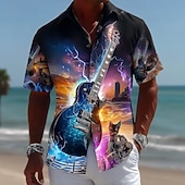 voordelige Muziek en gitaren-Men's Lightning Guitar Musical Instrument Shirt Button Up Shirt Short Sleeve Vintage Retro Music Festival Holiday Summer Spring Turndown 3D Print Collared Shirts Black 1 Black 2 Black