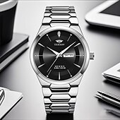 levne Quartz hodinky-Pánské luxusní hodinky s dvoubarevným zlatým a stříbrným náramkem z nerezové oceli, černý ciferník, datum a datum, vodotěsné quartzové náramkové hodinky, módní business hodinky, dárek pro muže k